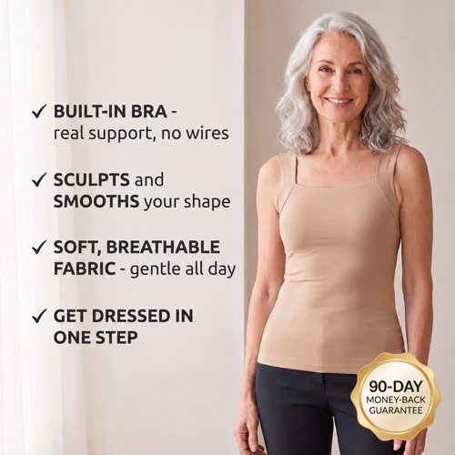 Woman wearing the nude Sculpt Tank with built-in bra, 90-day money-back guarantee