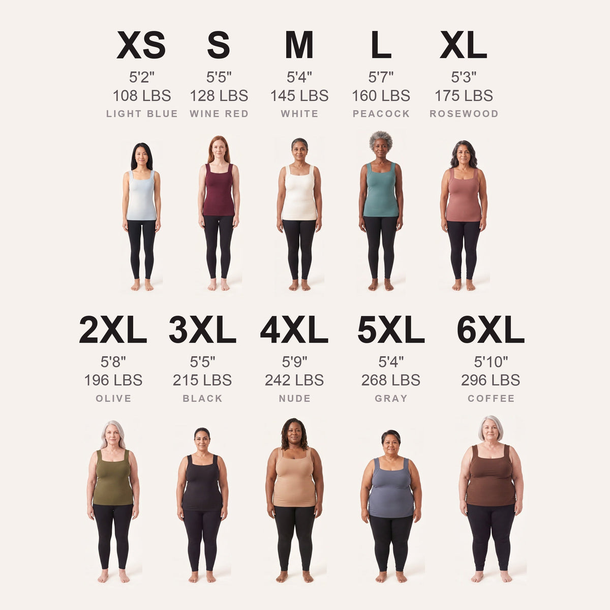 Sculpt Tank size run from XS to 6XL on real bodies