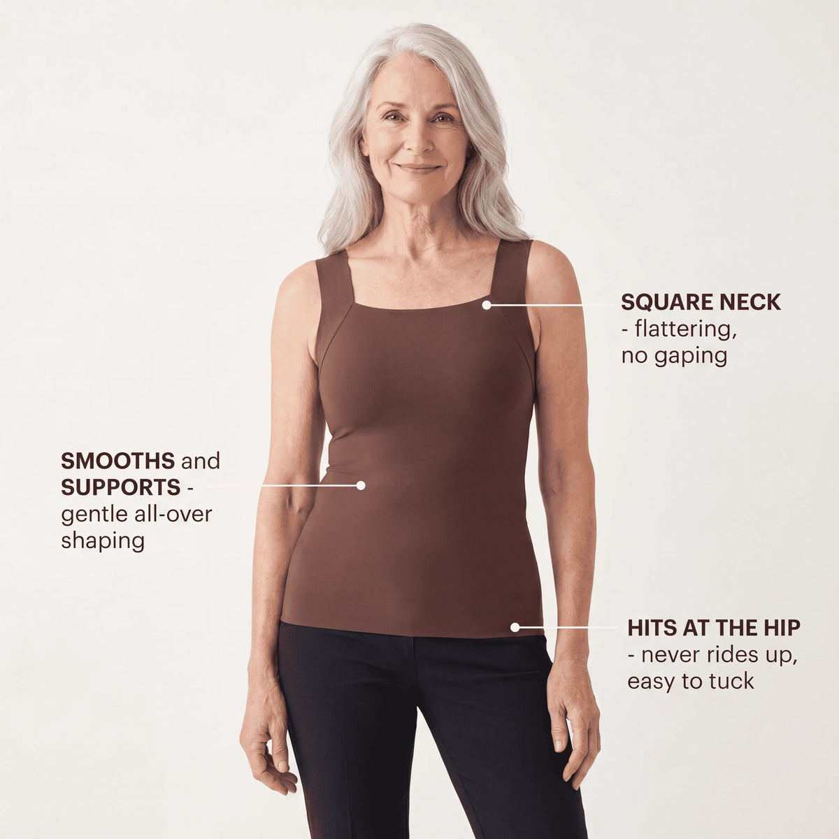 Square neck, smoothing support, hits at the hip